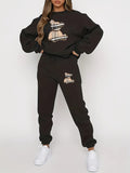 Women'S Casual Sportswear Set, Fleece-Lined Sweatshirt and Joggers, Geometric Pattern, Crew Neck, Polyester 100%, Slight Stretch, All-Season Knit Fabric, 230g/m², Two-Piece Lash Sets - Black