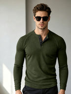 Men's Waffle Knit Henley Long Sleeve Shirts, Raglan Sleeve 3 Button Placket Crew Neck T-Shirt, Casual Slim Fit Lightweight Basic Tops for Daily Workout Outdoor Winter Clothes for Men - fern green