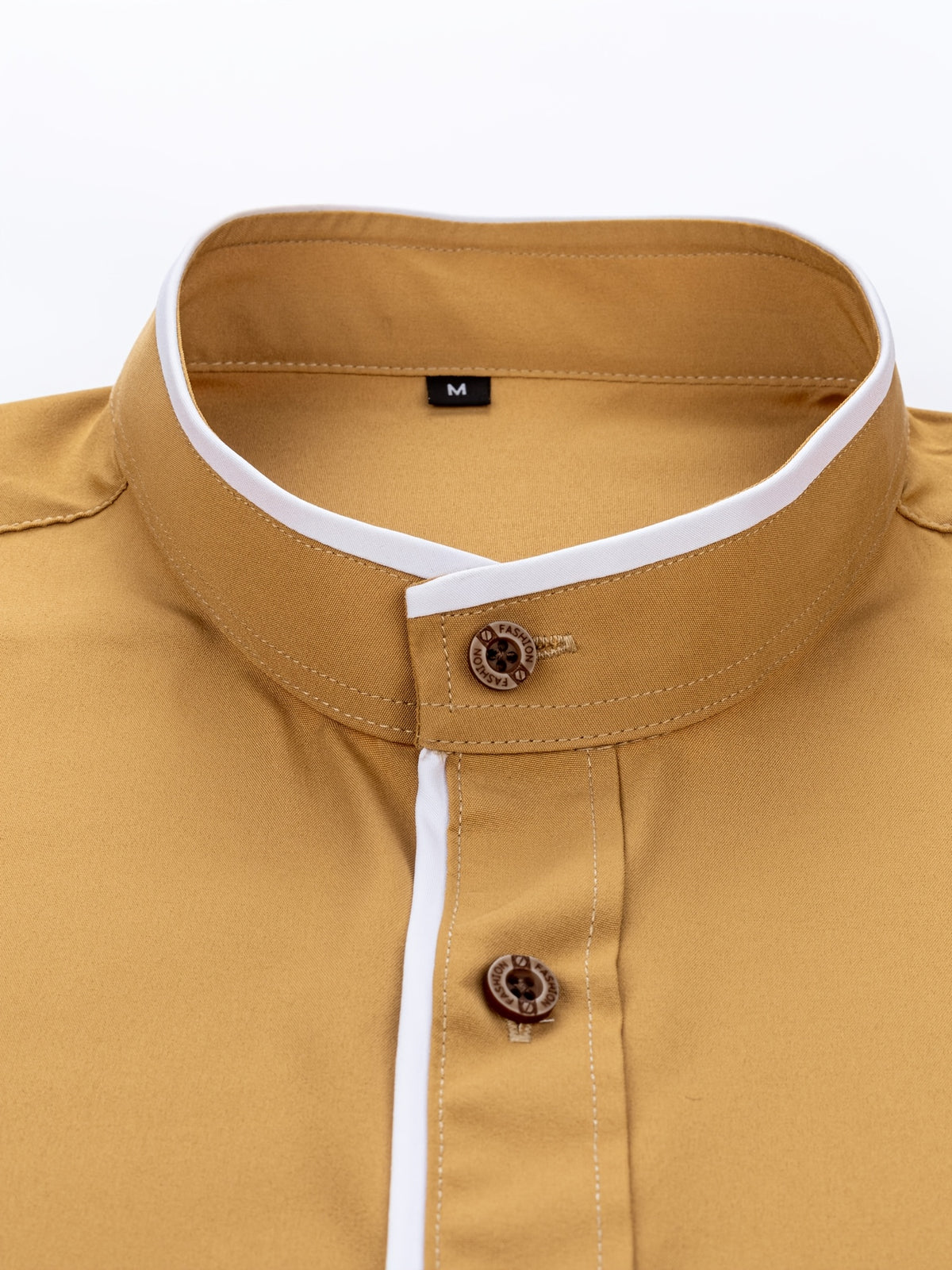 Men'S Short-Sleeved Shirt, Henley Collar/Stand-Up Collar Design, Placket Splicing Contrast Color Design - Yellowish-brown