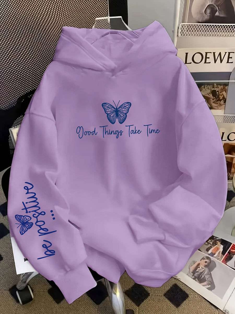 Vintage Slogan and Butterfly Print Long-Sleeve Sweatshirt, Suitable for Daily Casual Wear, Outdoor Picnics, Street Photography, and Use, Applicable for Autumn and Winter Seasons - Purple