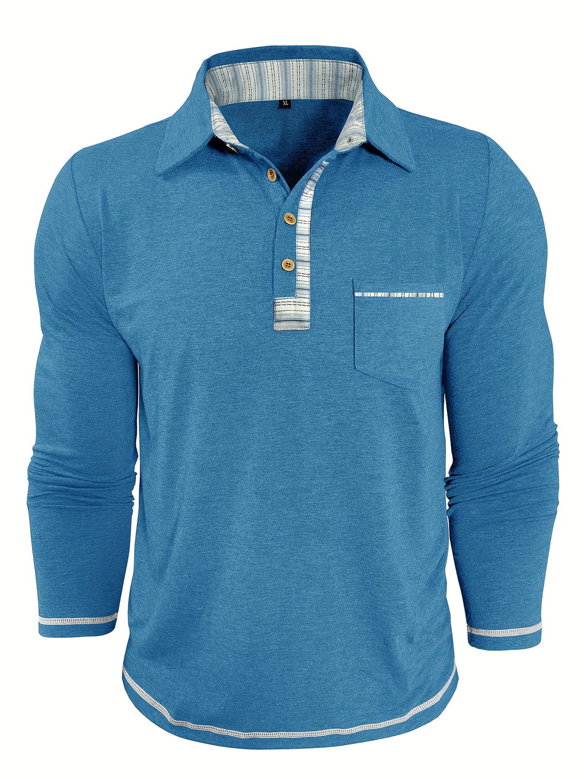 Men'S Retro Trendy Fashion Lapel Long Sleeve Polo Shirt, Casual Stylish Pocket Top T-Shirt - Light Blue