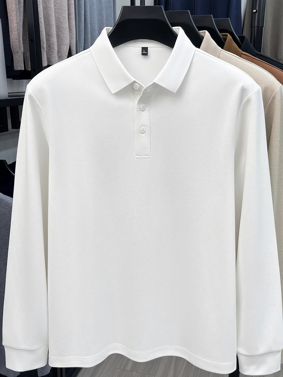 Autumn New Men'S Long Sleeve Henley Polo Shirt, Easy Lapel 3-Button Top, Casual Commute Wear, Comfortable And Skin-Friendly, Versatile Basic Men'S Clothing, Spring/Autumn Inner And Outer Wear, Can Be Worn Alone Or Layered with Jacket, Men'S Gift - White