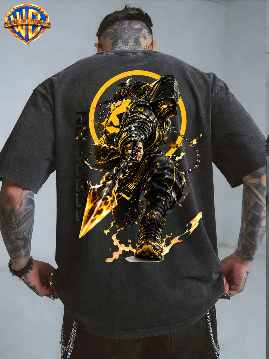 Warner Bros. Official - Mortal Kombat NetherRealm Empire Yellow and Black Ninja Scorpion Print, American Vintage Washed Distressed T-Shirt, Suitable for Daily Commuting and Outdoor Wear, Machine Washable, Unisex - Black