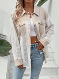 Elegant Semi-Sheer Lace Panel Blouse - Short Sleeve Collar Shirt Jacket-like Button Front, Black & White Two-Tone Pocket Design, Machine Washable Spring Summer Casual & Dressy Outerwear (No) - Mixed colors