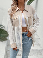 Elegant Semi-Sheer Lace Panel Blouse - Short Sleeve Collar Shirt Jacket-like Button Front, Black & White Two-Tone Pocket Design, Machine Washable Spring Summer Casual & Dressy Outerwear (No) - Mixed colors