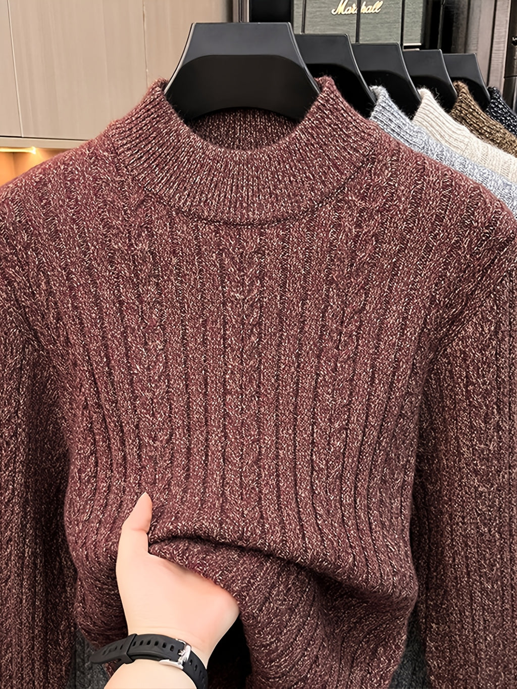 Men'S Semi-High Neck Jacquard Knit Sweater, Yarn Blend Thick Textured Velvet Base Layer, Stable Business Autumn Winter Knit Top - SINBOS - Coffee Purple