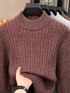 Men'S Semi-High Neck Jacquard Knit Sweater, Yarn Blend Thick Textured Velvet Base Layer, Stable Business Autumn Winter Knit Top - SINBOS - Coffee Purple