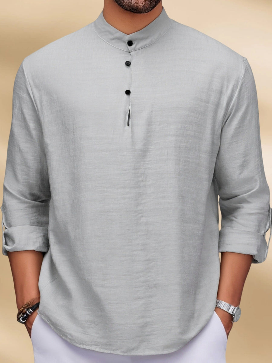 Men'S Fashion New Spring And Autumn Tops Featuring a Stand Collar Henley Shirt, with a Half-Open Single Row of Buttons, Perfect for Outdoor Beach Wear - Light Grey