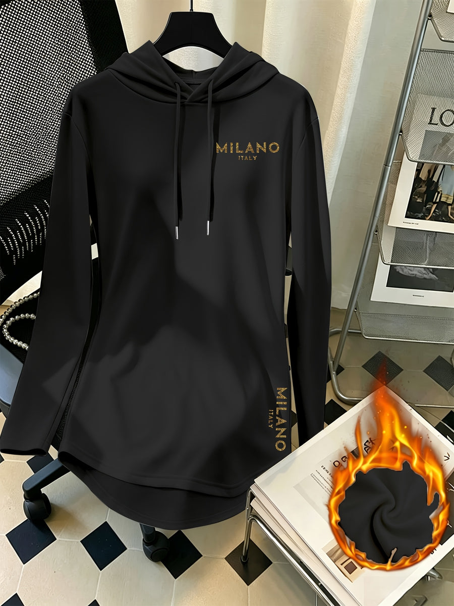 Mid-Length Hooded Sweatshirt for Women, Loose Hip-Covering Letter Print Drawstring Pullover Top - Black