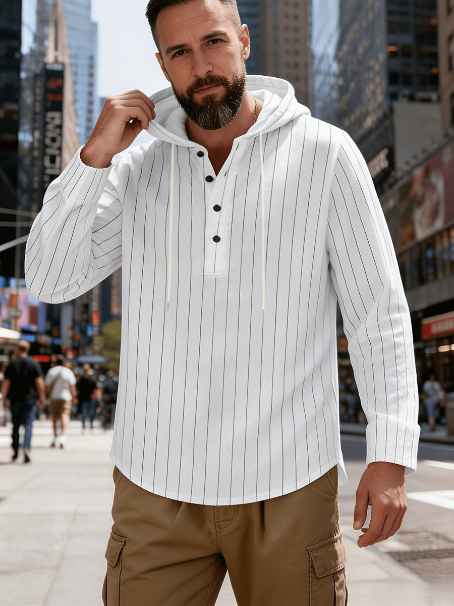 New Men'S All-Season Linen Shirt, Linen Striped Casual Long-Sleeve Hooded Top, Breathable And Comfortable, High Street Style - White