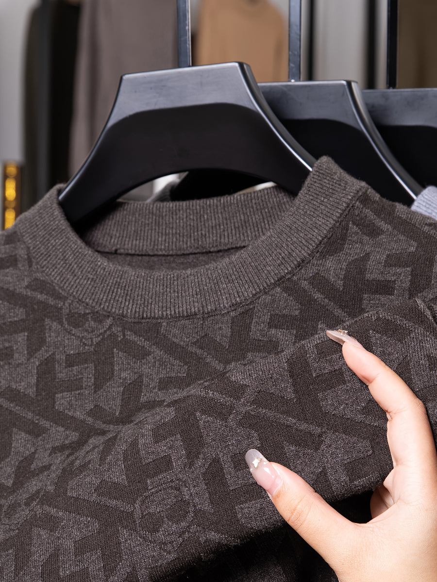 Men'S Round Neck Jacquard Sweater Spring Autumn Tight Thin Business Casual Knit Pullover Top - Little Flower Coffee