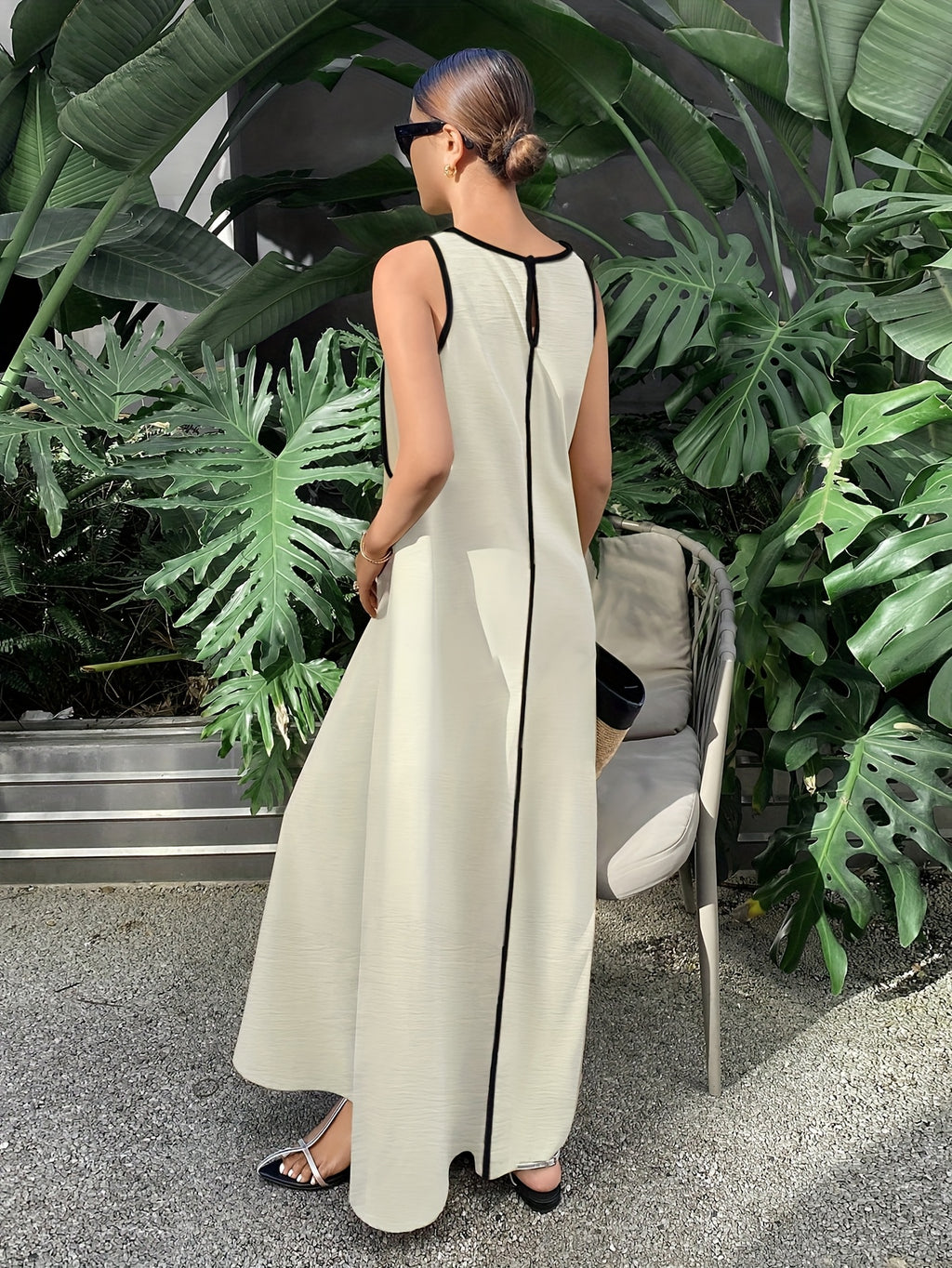 [Size for Regular Fit] Women's Simple Vacation Loose-Fit Comfortable Color-Block Contrast Trim Long Tank Dress - Apricot