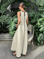 [Size for Regular Fit] Women's Simple Vacation Loose-Fit Comfortable Color-Block Contrast Trim Long Tank Dress - Apricot