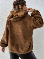 Bear Ear Pocket Plush Hoodie, Casual Long Sleeve Hooded Sweatshirt, Women'S Clothing - Khaki