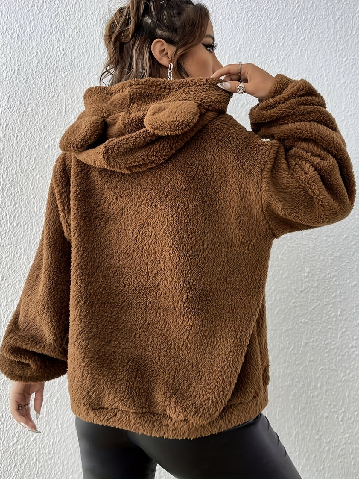 Bear Ear Pocket Plush Hoodie, Casual Long Sleeve Hooded Sweatshirt, Women'S Clothing - Khaki