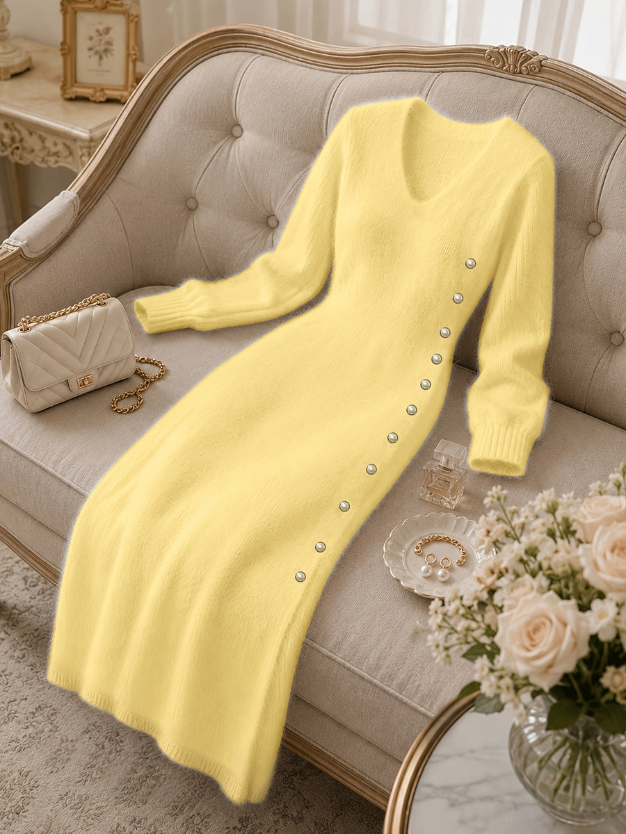Women's Casual Plush Maxi Dress, V-Neck Long Sleeve Button Front Split Sweater Dress, Versatile for Autumn/Winter Daily Commuting, Soft and Comfortable Fabric, Christmas Style, Suitable for Party Outfits and Banquet Attire - Egg Yolk