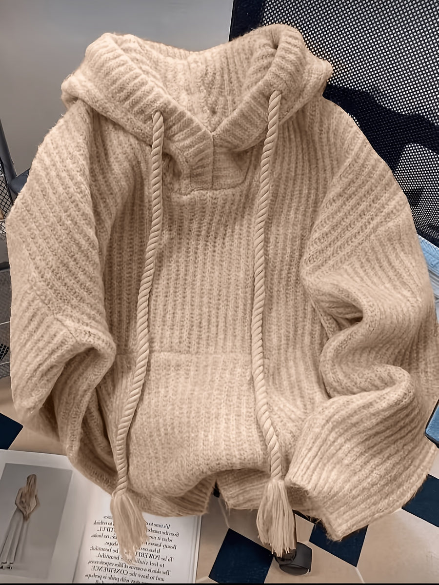 Hooded Chunky Cable- Sweater with Coarse Ribbed Texture, Tassels, Drawstring, Vertical Ribbed Detailing, and a Relaxed Fit. This Long-sleeve Pullover Features a Simple, Casual Design for a Laid-back and Effortless Look - Khaki