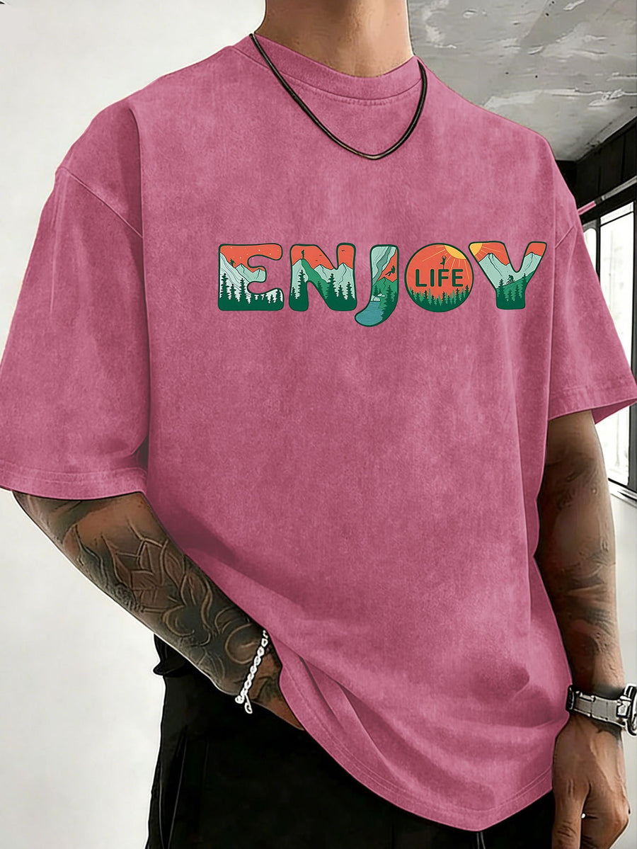 Loose Short Sleeve T-Shirt Men'S Heavyweight Pure Washed Distressed Top Trendy Double-Sided Print 12 Colors Free to Match Street Hip-Hop Style Casual Outing Sports Fitness Commuting Couple Style American Street Short Sleeve - Rose Red
