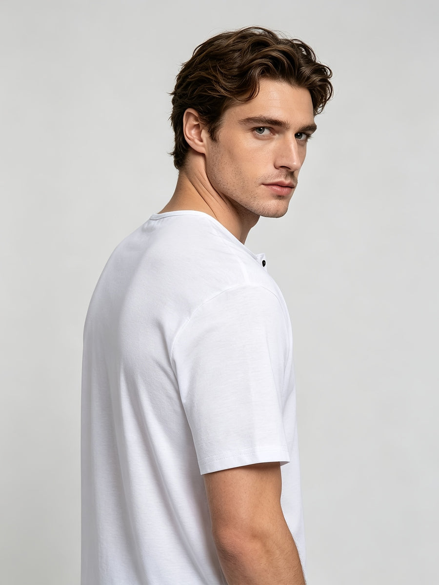 Short Sleeve T-Shirt Henley Collar Half-Open Round Neck Summer New Round Neck Solid Color Men'S Thin Top Athletic Short Sleeve Men'S Loose Plus Size Fitness Slim T-Shirt Henley Button-Up Collar Base Layer Training Trendy - White