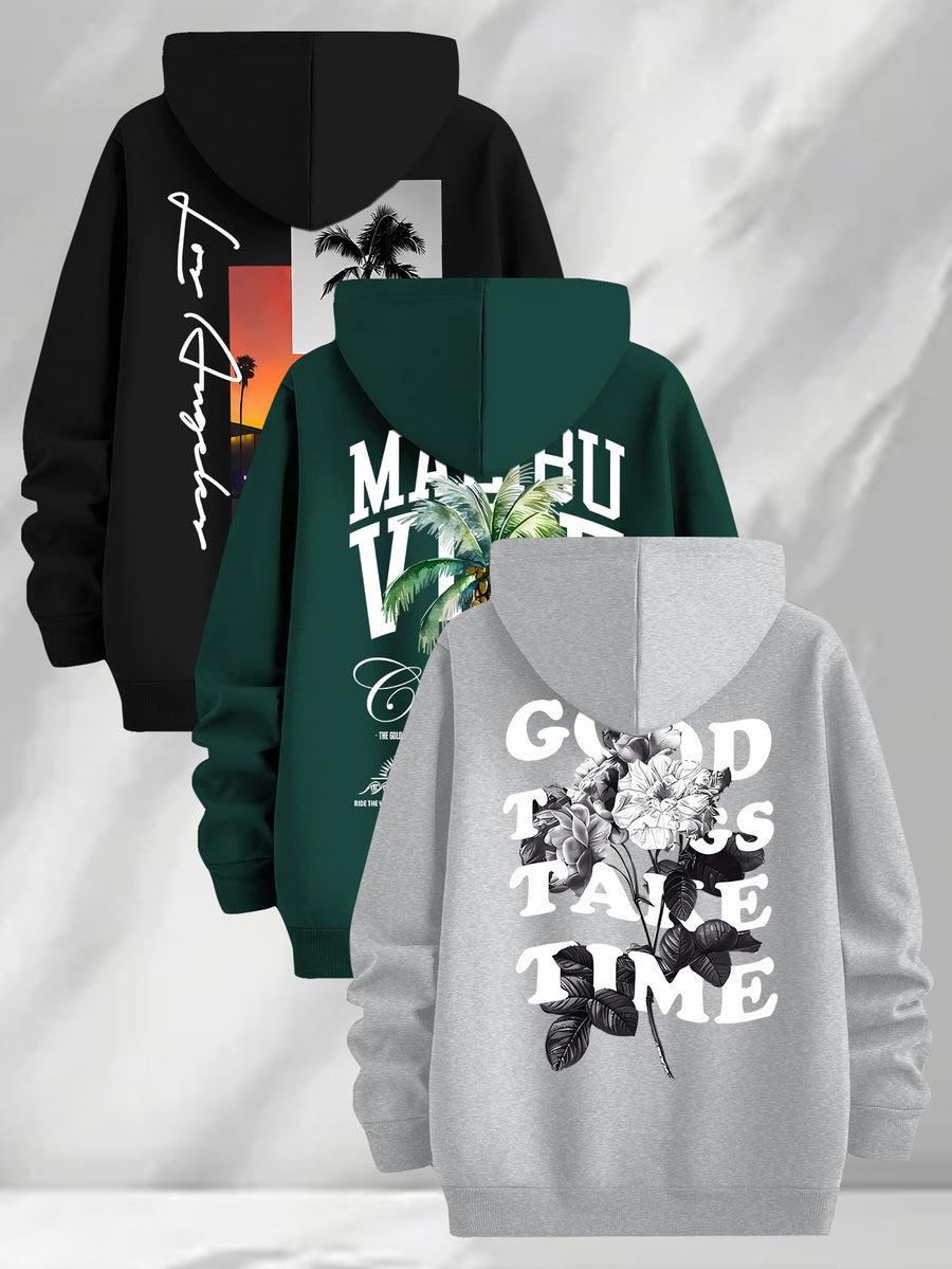 3pcs Trendy Print Sweatshirt, Men's Casual Hooded Sweatshirt, Long-sleeve Pullover, Slightly Stretchy, Knitted Polyester Fabric, Regular Fit Men's Hoodie - Gray+green+black