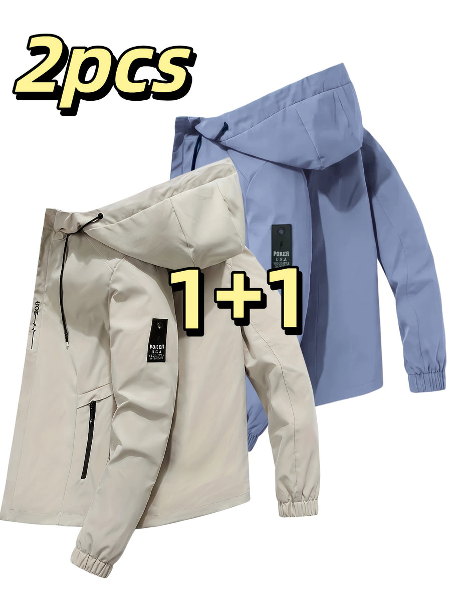 Men's Lightweight Softshell Jacket with Hood, 100% Polyester Solid Color, Regular Fit, Long Sleeves, Zippered Pockets, Outdoor Casual Style - Blue+Khaki