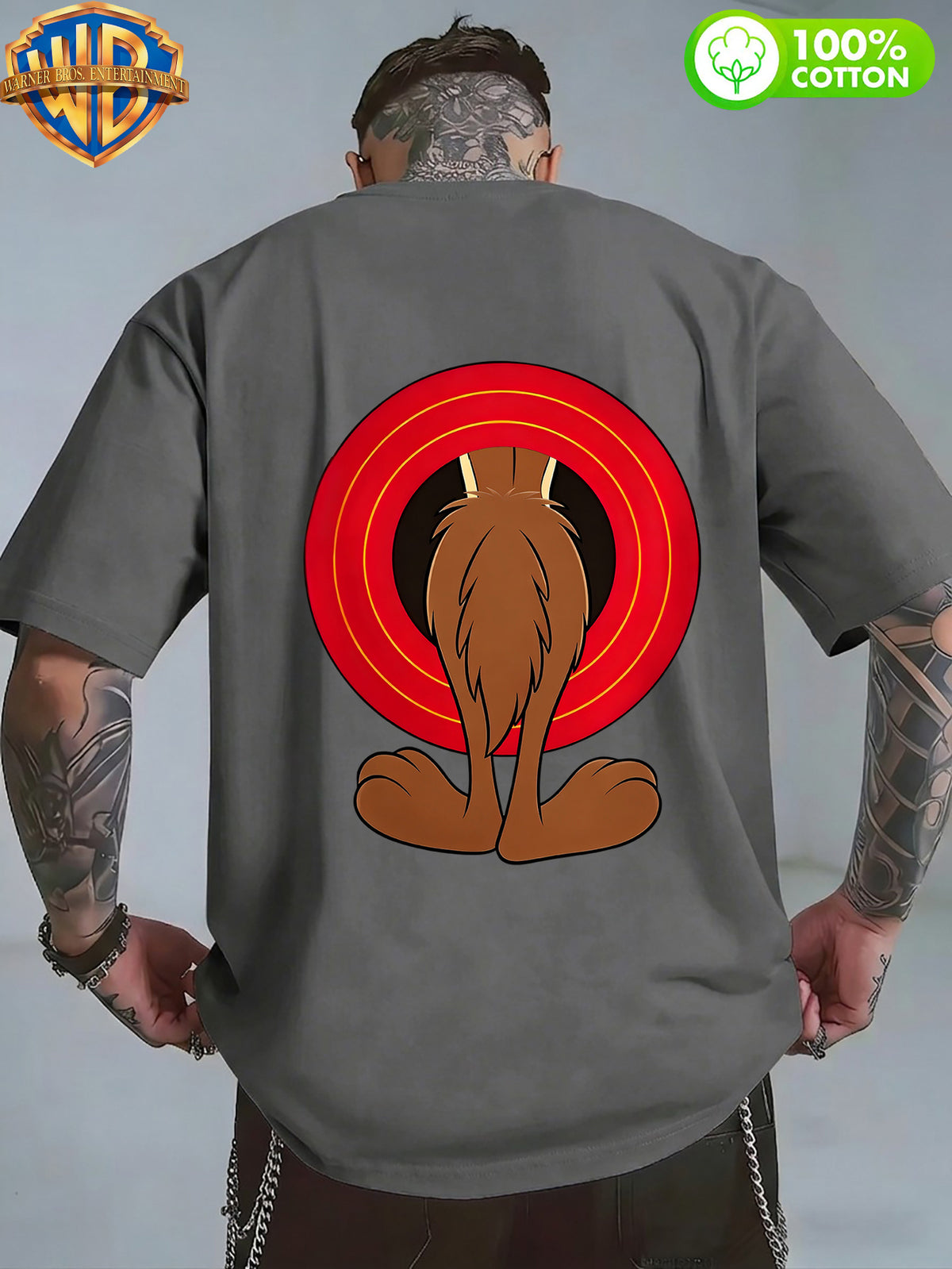 Authorized by Warner Bros., 1pc, American Retro Cartoon Contrast Sense Distorted Heart Wolf Trendy T-Shirt, Men'S 100% Casual Comfortable Versatile Loose Summer Short Sleeve T-Shirt, Double-Sided Print Front And Back, Suitable for Outdoor Wear, Gym - Dark Gray