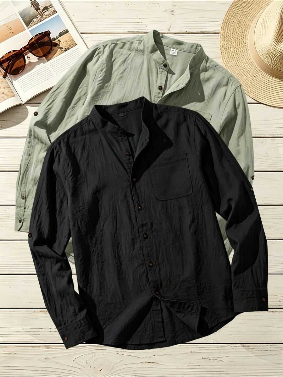 2pcs Men's Linen Fabric Henley Collar Long Sleeve Shirt, Simple Vintage Style, Loose Fit for Spring and Autumn, Multiple Color Options, Suitable for Outdoor Outings, Urban Commuting, and Home Wear, Versatile for Daily Casual and Holiday Occasions - Black+Green
