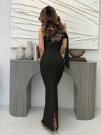 Women'S Solid Asymmetrical Shoulder Tie Pleated Elegant Slit Hem Graduation Dress - Black