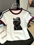 Black Cat Beanie Necklace Printed, Colorful Patchwork T-shirt, Fitted Short-sleeved Style, Retro and Niche Y2K Trend - White