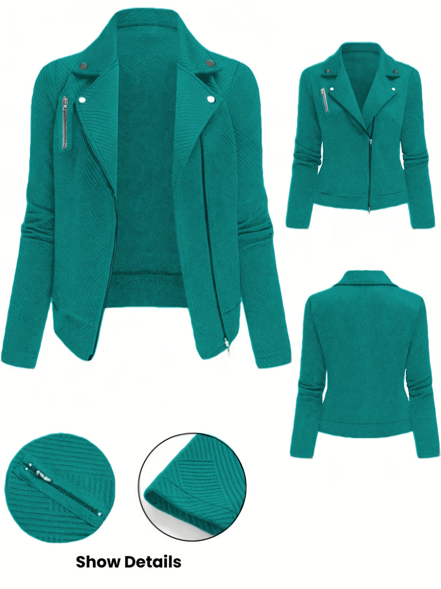Women's New Solid Color Maze Grid Zipper Button Decorated Biker Jacket, a Stylish and Elegant Commuting, Outing, and Daily Wear Casual Jacket Top, Suitable for Autumn and Winter Seasons - Peacock Blue