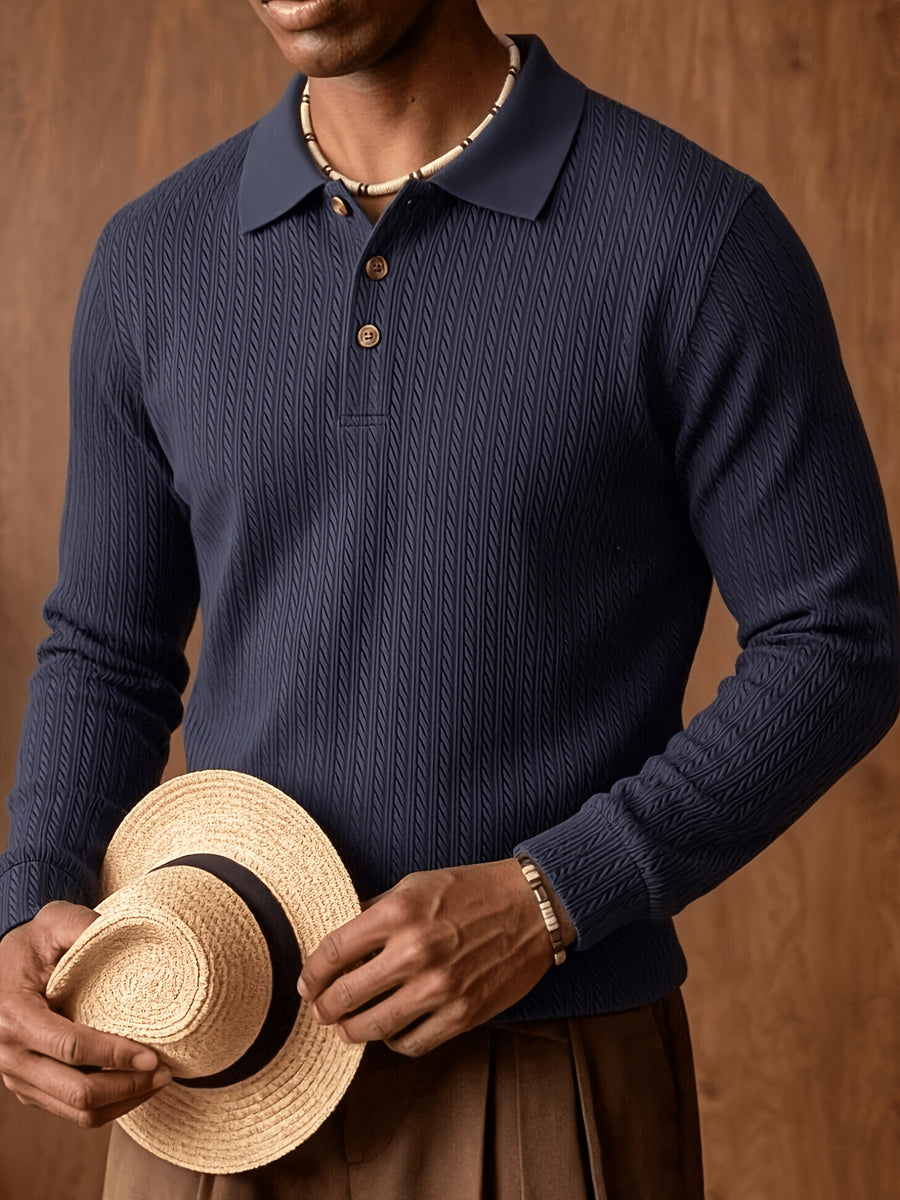 Autumn/Winter New Arrival: 1pc Men's Twisted Cable Vertical Stripe Knit Long-Sleeve Polo Shirt, Three-Dimensional Jacquard Texture, Classic Lapel, Vintage Brown Wood Grain Three-Button, Stretchy Soft Knitted Fabric, Solid Color Minimalist Top - Navy Color