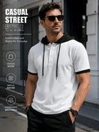 [Qiaoximei Obm] Summer Men'S High-Quality Waffle-Gore Hooded Short Sleeve T-Shirt - Individual Fashion Statement with Special Design Texture Fabric, Adjustable Drawstring And Buttons, Suitable for Gym Fitness Wear - White