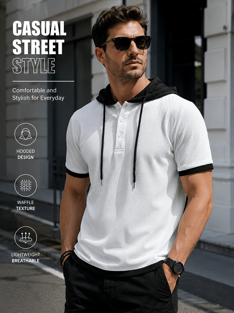 [Qiaoximei Obm] Summer Men'S High-Quality Waffle-Gore Hooded Short Sleeve T-Shirt - Individual Fashion Statement with Special Design Texture Fabric, Adjustable Drawstring And Buttons, Suitable for Gym Fitness Wear - White