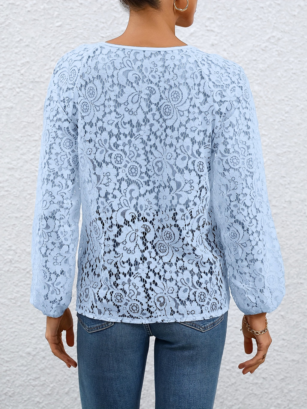 Ladies' clothing, casual fashion, elegant, transparent, solid color long sleeved, lace, solid color shirt - Bright Steel Blue