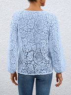 Ladies' clothing, casual fashion, elegant, transparent, solid color long sleeved, lace, solid color shirt - Bright Steel Blue