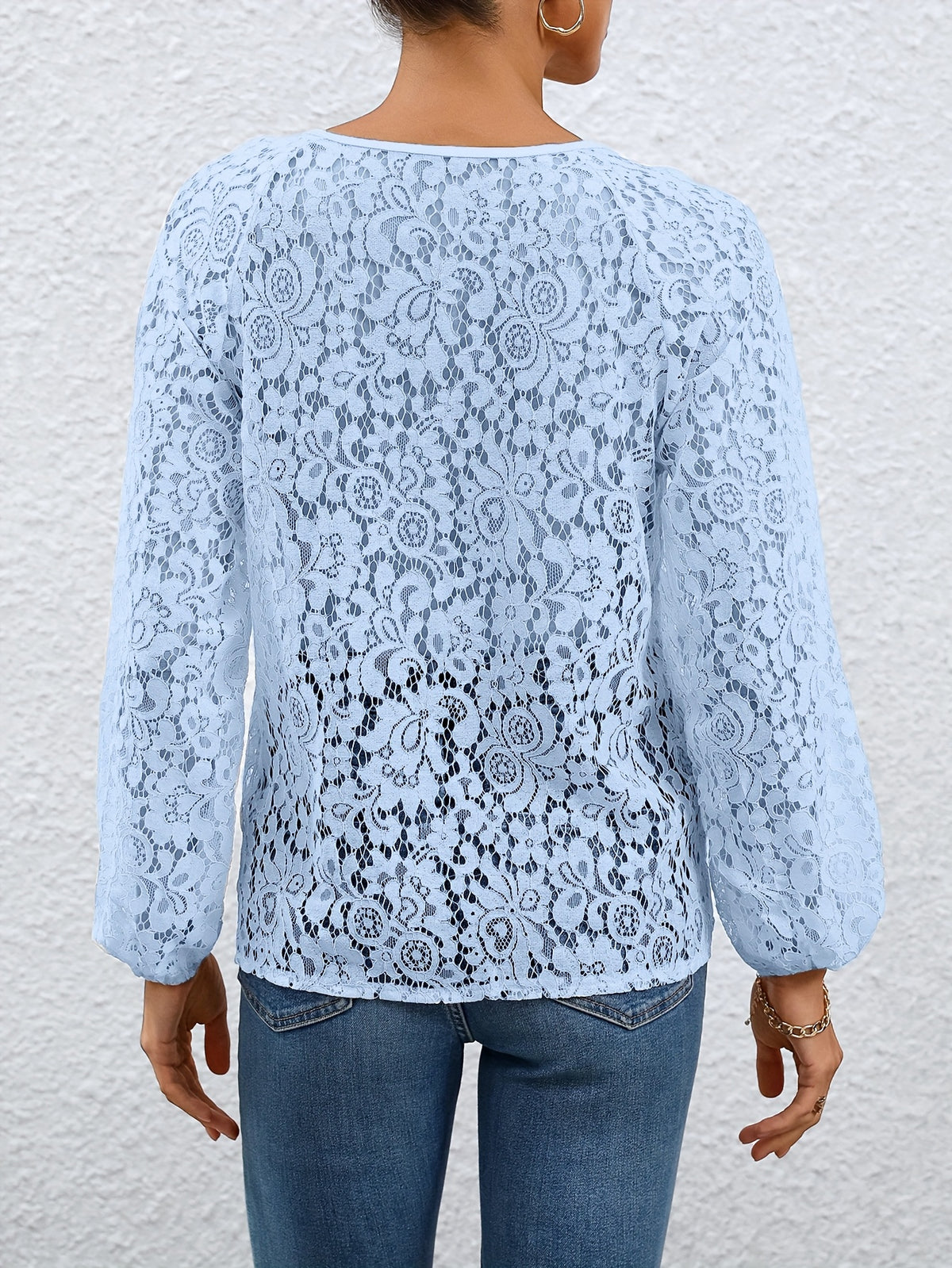 Ladies' clothing, casual fashion, elegant, transparent, solid color long sleeved, lace, solid color shirt - Bright Steel Blue