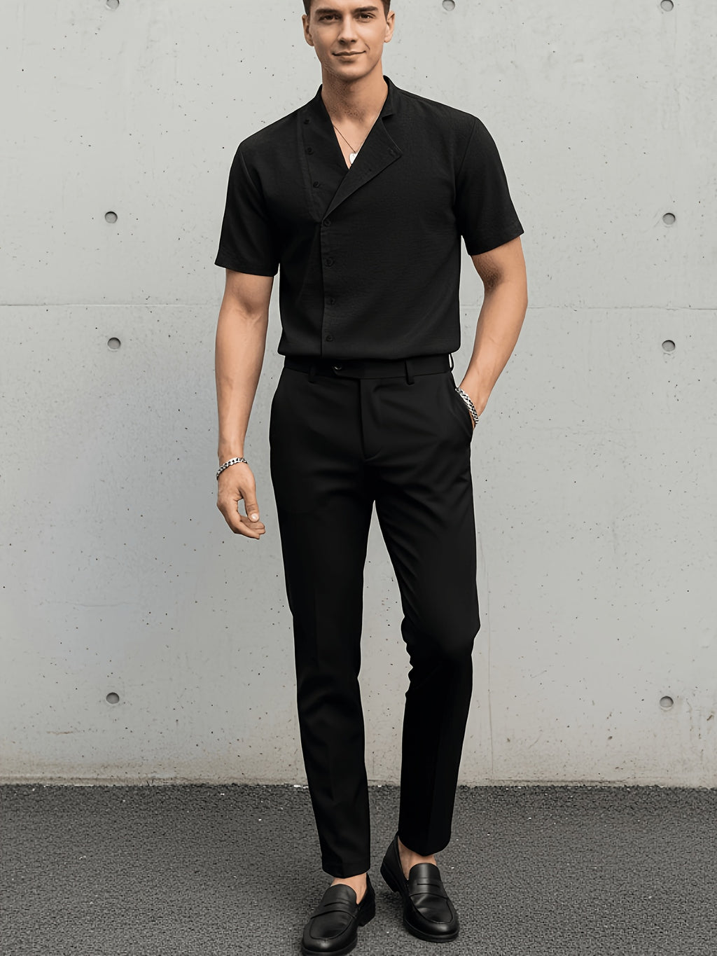 Men'S Casual Solid V-Neck Short Sleeve Shirt - Black