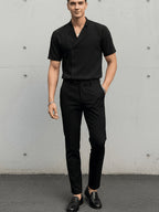 Men'S Casual Solid V-Neck Short Sleeve Shirt - Black