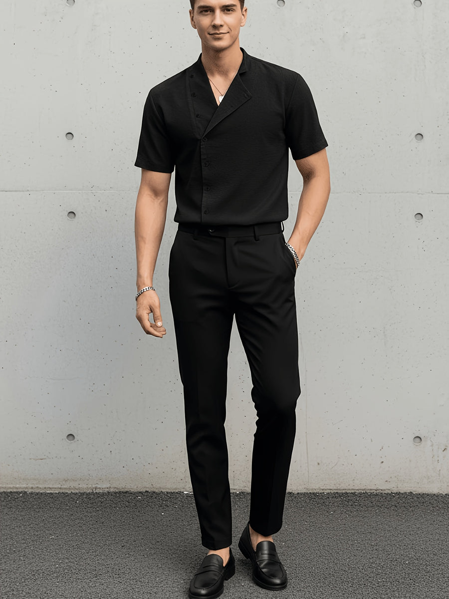 Men'S Casual Solid V-Neck Short Sleeve Shirt - Black
