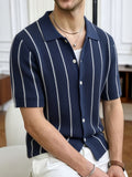 Spring Summer Men'S Short Sleeve Knit Sweater Casual Athletic Street Retro Style Vertical Stripe Pattern Lapel Button-Up Men'S Jacket Men'S Top Men'S Pullover - Deep Blue