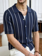 Spring Summer Men'S Short Sleeve Knit Sweater Casual Athletic Street Retro Style Vertical Stripe Pattern Lapel Button-Up Men'S Jacket Men'S Top Men'S Pullover - Deep Blue
