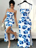 Women'S Elegant Fashion Floral Print Cami Shoulder Tie Front Ruched Decor Strappy Bow Waist-Cinching Bodycon Thigh-Slit Dress, Gentle Vacation Style Suitable for Dates, Travel, Parties, Beach Getaways, And Commuting - Mixed colors