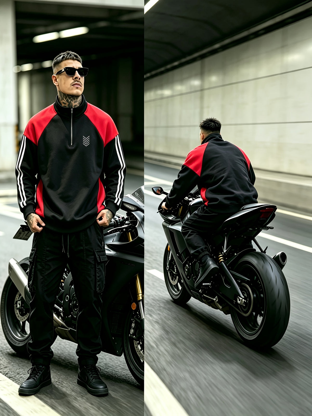 Men'S Black Red Shoulder Patchwork Half-Zip Stand Collar Long Sleeve Sweatshirt, Fashionable Print, American Retro Sporty Stand Collar Sweatshirt, Current Hot Basketball Outfit, Campus Back-To-School, Fitness Running, Street Trendy Top - Black and Red Contrast Color