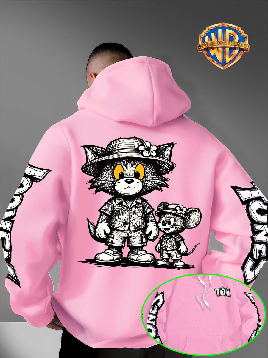 Men's Warner Bros. Vacation Hand-Drawn Sketch Print Hooded Sweatshirt, a Loose and Casual Hoodie Suitable for Animation IP Enthusiasts, Daily Commutes to School, Streetwear, and  Outfits for Couples and Best Friends - Pink