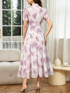 Women'S Dress, Fashion Stand Collar Tie-String Holiday Long Dress, Elegant Printed Fitted Short Sleeve Dress - Light Purple