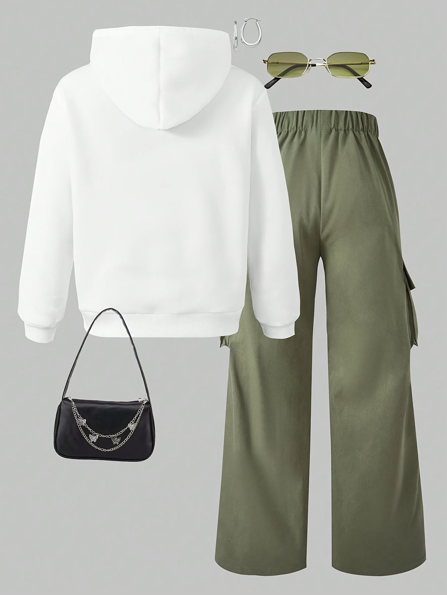 Autumn/Winter Women's Fashion Sweatshirt and Pants 2pcs Set {Bag, Glasses, Earrings, and Shoes Not Included} - Beige + Army Green