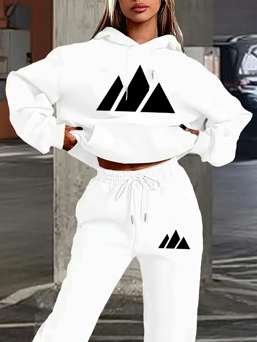 Hoodie Set with Black Triangle Pattern Letter Print Standard Round Neck - White