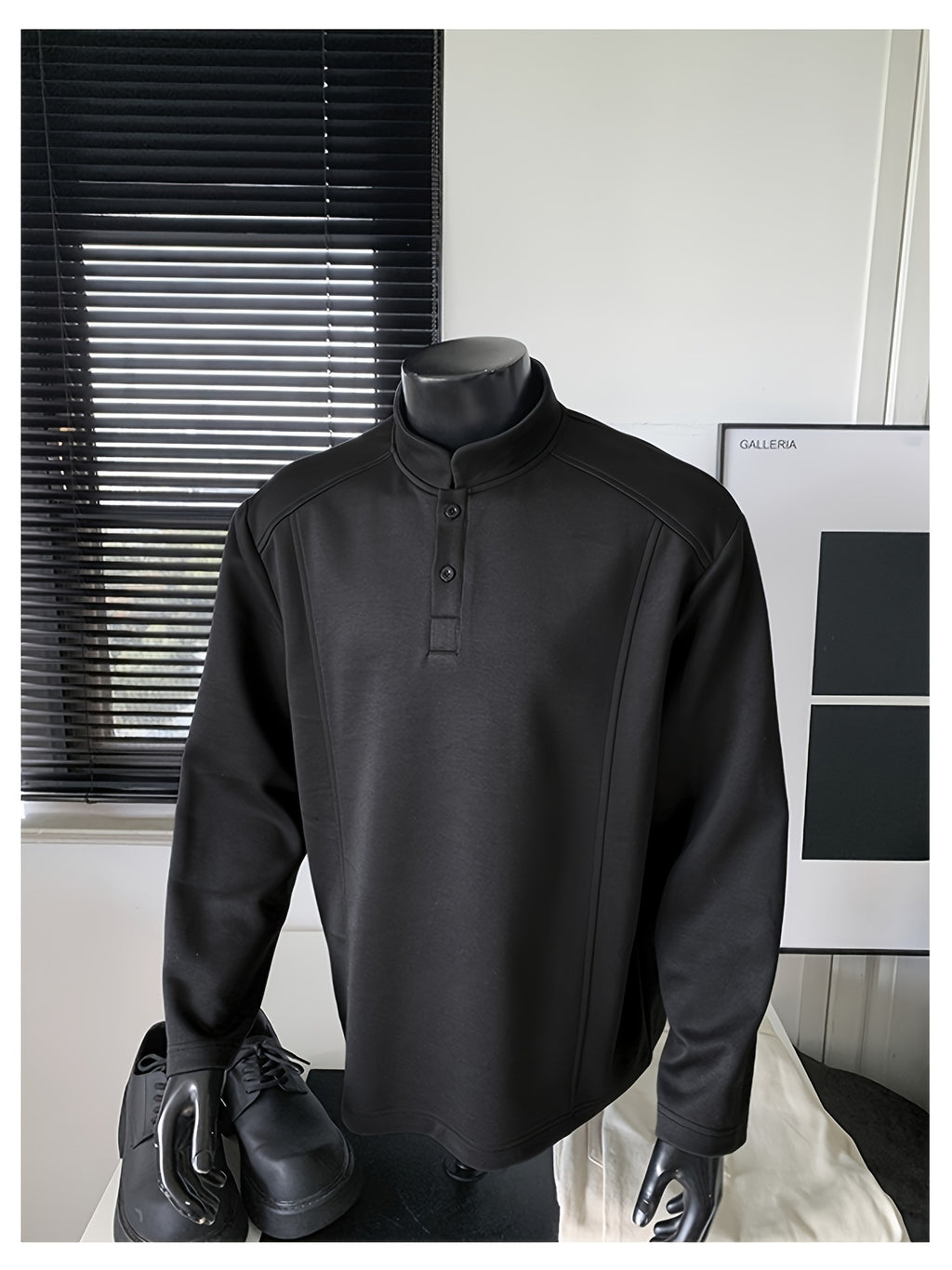 Spring/Autumn Henry Neck Long Sleeve T-Shirt, Loose Fit with Half-Open Placket Design, Versatile Commuter Base Layer, an Excellent Choice for Daily Work and Casual Vacations - Black