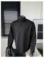 Spring/Autumn Henry Neck Long Sleeve T-Shirt, Loose Fit with Half-Open Placket Design, Versatile Commuter Base Layer, an Excellent Choice for Daily Work and Casual Vacations - Black