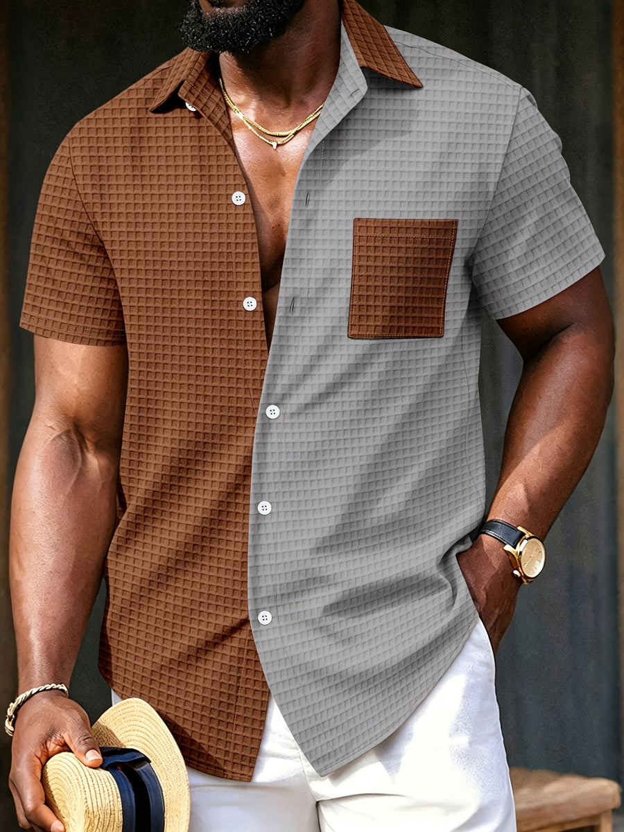 Men'S Waffle Knit Color-Block Shirt, Short Sleeve Button-Up Casual Top with Pockets, Fashionable Summer Beach And Casual Wear Men'S Clothing - Grey